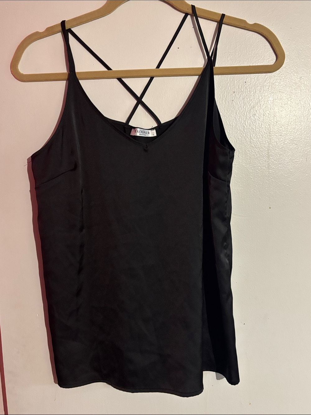 Ekouaer Black Satin Strappy Cami with Cross-Back